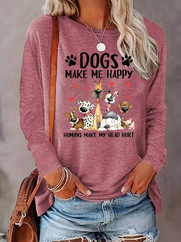 Women's Slogan Dog Graphic Crew Neck Sweatshirt