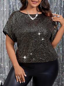 SHEIN BAE Plus Size Sparkly Batwing Sleeve T-Shirt - Gold - View 3