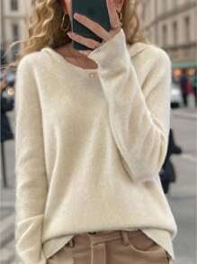 SHEIN Essnce Long Sleeve Hooded Sweater - Apricot - View 4