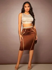 SHEIN SXY Váy Bodycon băng tương phản của phụ nữ - Cà phê nâu - Xem 4