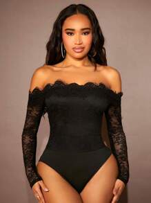 SHEIN SXY 女款露肩蕾絲長袖連身衣 - 黑色 - 查看 3