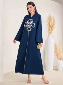 Al Najma Women's Embroidery Detail Hooded Long Sleeve Djellaba Dress - Blue - View 1