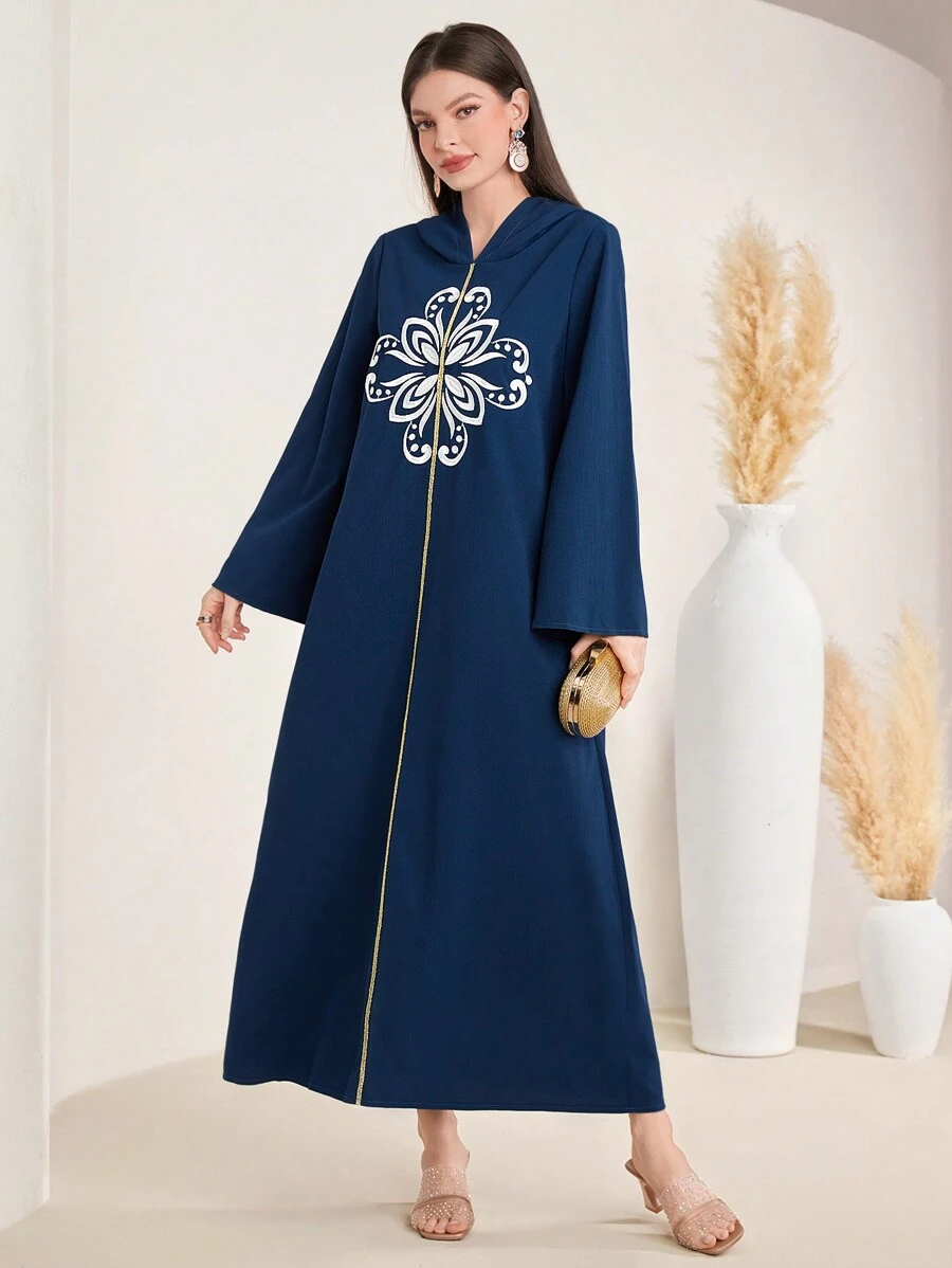 Al Najma Women's Embroidery Detail Hooded Long Sleeve Djellaba Dress - Blue - View 1