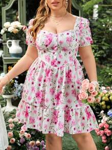 SHEIN Franclia 大碼花卉印花蓬蓬短袖連衣裙 - 彩色 - 查看 1