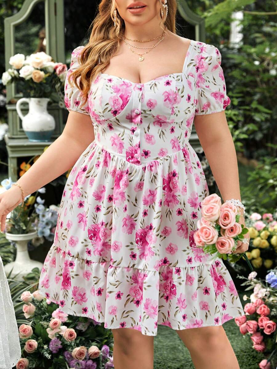 SHEIN Franclia 大碼花卉印花蓬蓬短袖連衣裙 - 彩色 - 查看 1