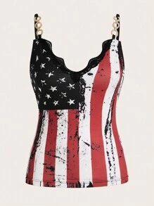 SHEIN LUNE Striped Star Print Lace Splice Cami Top Graphic Tees Women Tops