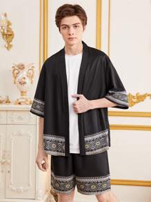 SHEIN Teen Boy Casual Loose-Fit Geometric Pattern Cardigan And Shorts Set - Multicolor - View 1
