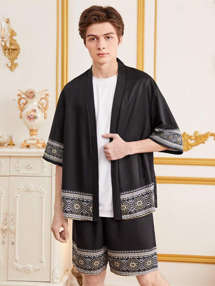 SHEIN Teen Boy Casual Loose-Fit Geometric Pattern Cardigan And Shorts Set - Multicolor - View 1