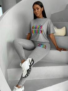 Zolique 女式字母印花圓領t恤和打底褲套裝 - 灰色 - 查看 3