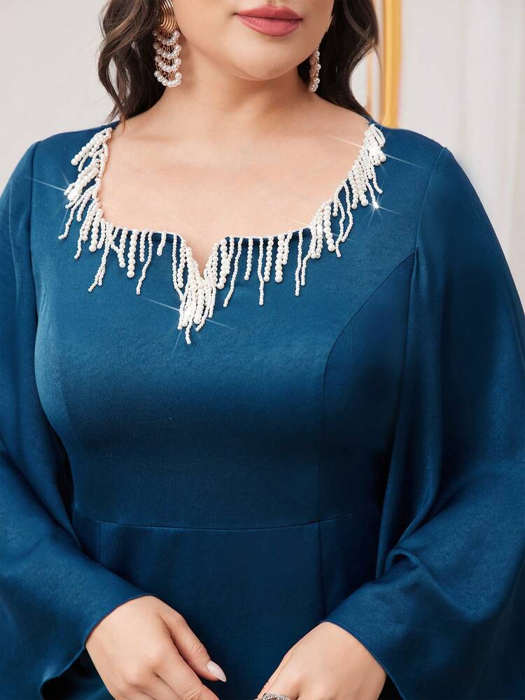 Plus Size Pearl Fringe Flare Sleeve Dress Long Evening Dresses