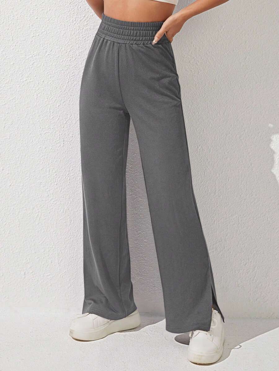 SHEIN PETITE Pantalones Palazzo Sueltos De Cintura Elástica Con Corte De Pierna Dividida Para Mujer