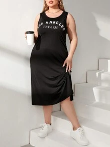 SHEIN Essnce 女式大尺碼黑色字母印花無袖開叉裙，適用於春夏 - 黑色 - 查看 6