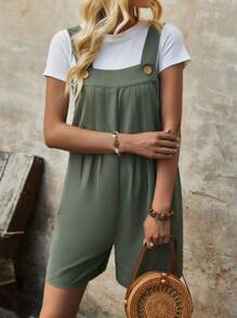 SHEIN LUNE Women's Summer Solid Color Pleated Jumpsuit Without Sleeveswork Clothes - Green - View 5