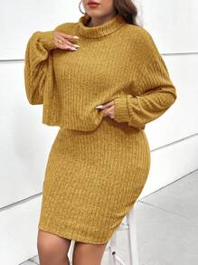 SHEIN Essnce Plus Size Women's High Neck Drop Shoulder Long Sleeve T-Shirt And Cami Dress Set - Ginger - View 5