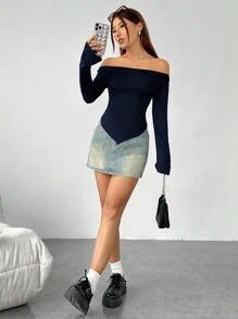 SHEIN EZwear Camiseta De Mujer Tejida De Hombro Descubierto - Azul Marino - Ver 5