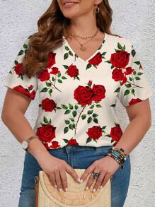 EMERY ROSE Valentine's Day Series Women's Plus Size T-Shirt With Rose Pattern,Flower/Spring/Summer/Vacation - Apricot - View 4