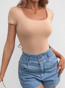 SHEIN PETITE Rib-Knit Scoop Neck Summer Women Bodysuit - Apricot - View 3