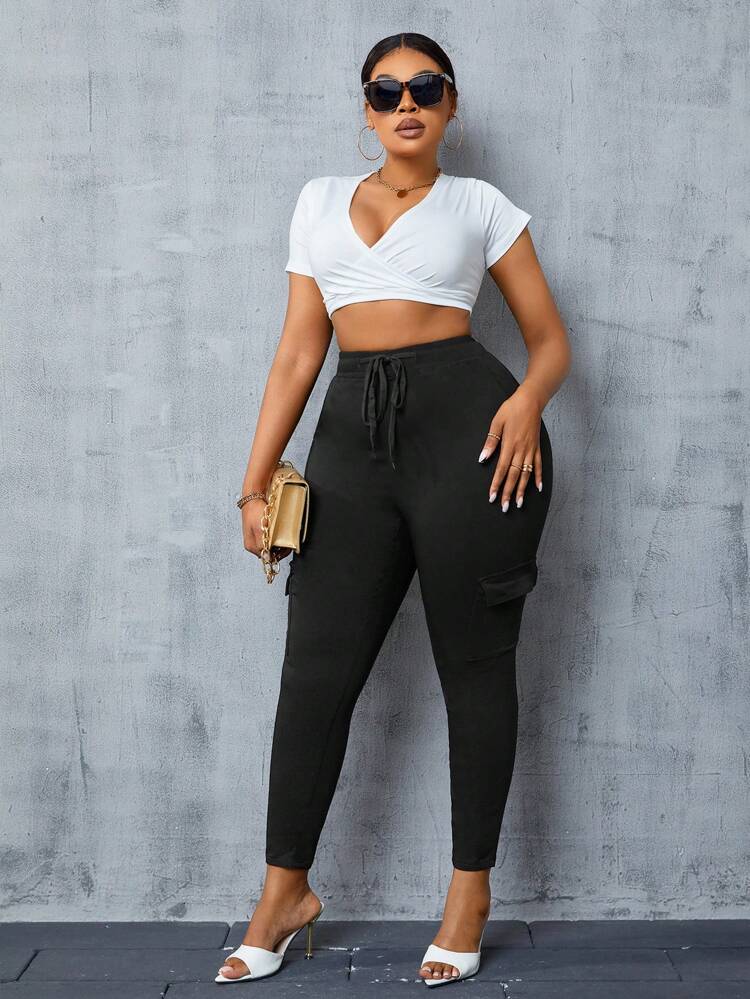 Plus Size Plain Color Drawstring Cargo Pants, For Spring & Fall