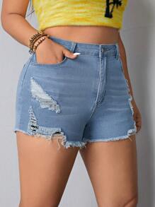 SHEIN EZwear 大尺碼女款仿舊牛仔短褲 - 藍色 - 查看 4