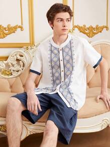 SHEIN Teen Boy Casual Geometric Printed Short Sleeve Shirt With Solid Color Shorts Set - Multicolor - View 4