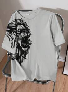 SHEIN Leap Crew Teen Boys' Casual Lion Printed Short Sleeve T-Shirt