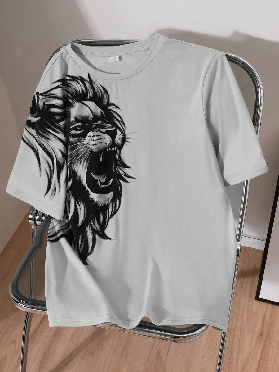 SHEIN Leap Crew Teen Boys' Casual Lion Printed Short Sleeve T-Shirt