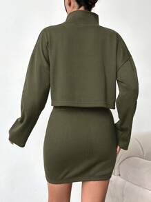 SHEIN Cottnline Turtleneck Ribbed Stripe Knit Long Sleeve Top + Mini Skirt Two Piece Set - Black - View 2
