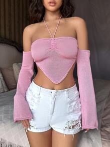 SHEIN Unity 女士长袖露脐吊带针织套头衫秋冬毛衣 - 粉色 - 查看 1