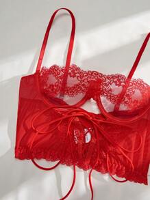 SHEIN Ladies' Sexy Lace Lingerie Set With Front Knot