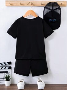 SHEIN Young Boy Game Console Printed Short Sleeve T-Shirt And Shorts Set With Hat, School, Campus, College - Black - View 2