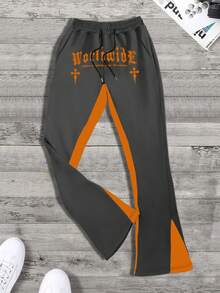 Pantalones Deportivos Para Hombres Sueltos Con Diseño De Bloques De Colores Y Estampado De Letras Con Cintura Elástica Y Cordón - Multicolor - Ver 3