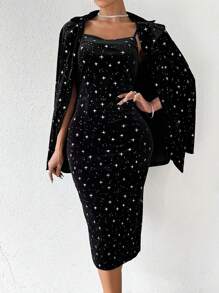 SHEIN Clasi 女款星星印花西裝外套和吊帶連衣裙套裝 - 黑色 - 查看 3