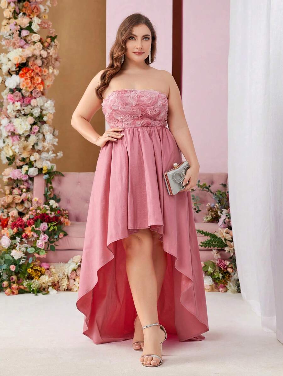 SHEIN Belle Plus Size Strapless Evening Dress With Asymmetrical Hem And 3d Floral Fabric - Pink - View 1