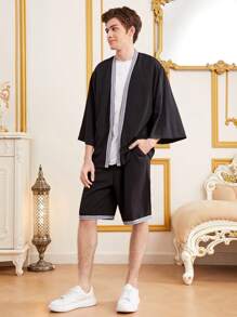 SHEIN 青少年男孩鑽石圖案編織上衣和短褲套裝 - 黑色 - 查看 9