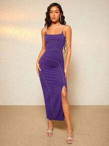 SHEIN BAE 女式高開衩細肩帶洋裝 - 紫色 - 查看 1
