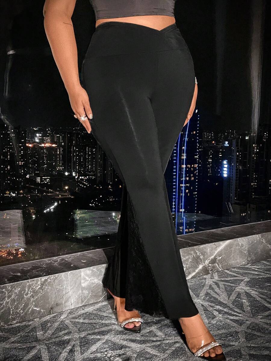 Celure 加大尺碼女士v型高腰喇叭褲 - 黑色 - 查看 1