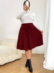 SHEIN Essnce 大尺碼純色腰帶裙 - 酒紅色 - 查看 6