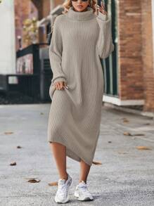 EURMUSE Ladies' Solid Color High Neck Raglan Sleeve Sweater Dress - Beige - View 5