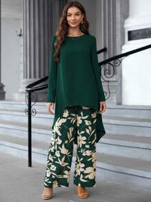 EMERY ROSE Zweiteiliges Set Aus Einfarbigem, Schlichtem Oberteil Und Bedruckten Hosen Für Damen