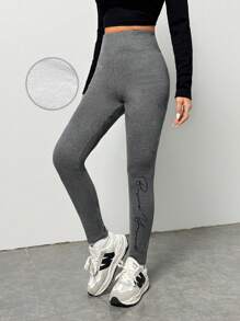 SHEIN EZwear Kvinnors brevbroderi Termofodrade långa Leggings - Grå - Visa 5