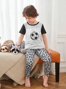 Conjunto de 2 piezas de ropa de estar en casa con camiseta de manga corta y pantalones estampados con diseño de fútbol para niño pequeño