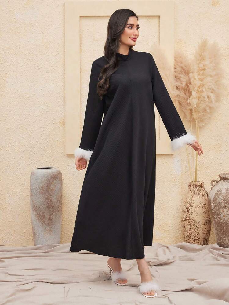 Women'S Stand Collar Dress With Furry Sleeve Cuffs Kaftan Jalabiya Dress