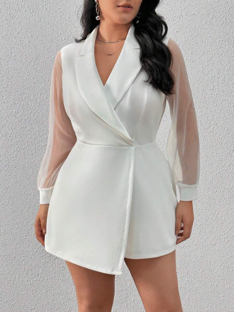 SHEIN Privé Spring/Summer Elegant Commuting White Jumpsuit With Mesh Sleeves, Waist Cinching Design & Slim Fit, Plus Size - White - View 4