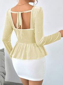 SHEIN Privé Sweetheart Neckline Asymmetric Velvet Bustier T-Shirt With Ruffle Trim Hem - Yellow - View 2