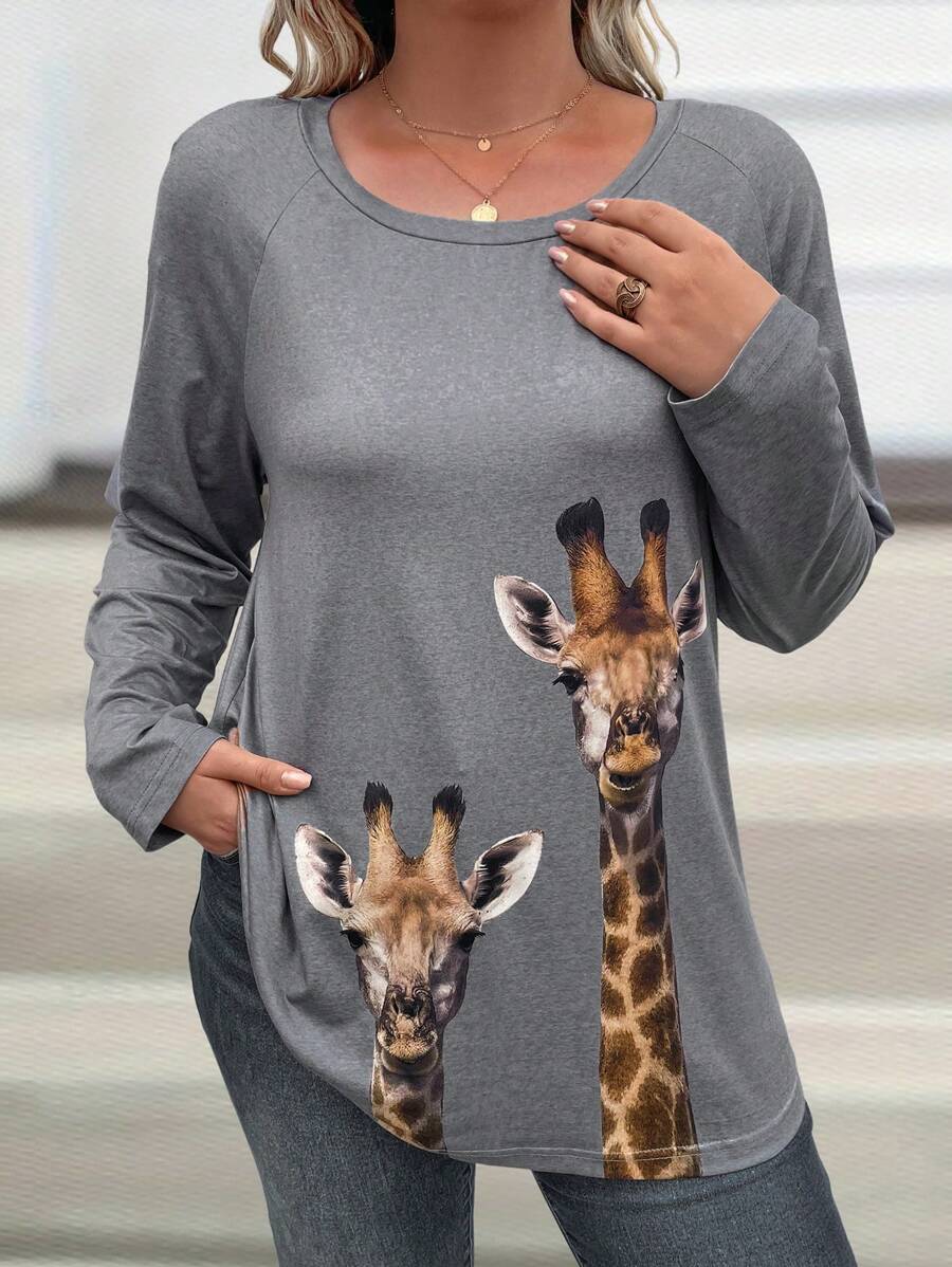 SHEIN LUNE Hơn In hoa  cao cổ in Tay Raglan Áo thun - Xám - Xem 1