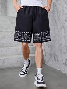 Teen Boys' Casual Streetwear Style Letter Printed Sports Shorts - Black - View 4
