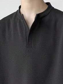 Claim Dot 男士纯色落肩长袖纯色休闲工作 T 恤，男友礼物，秋季 - 黑色 - 查看 3