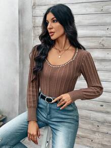 SHEIN Clasi 女式珍珠裝飾毛衣,長袖 - 棕色 - 查看 5