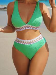 SHEIN Swim 夏季女士拼色比基尼套装，带混合条纹和提花条纹和纹理面板狂欢节 - 綠色 - 查看 1