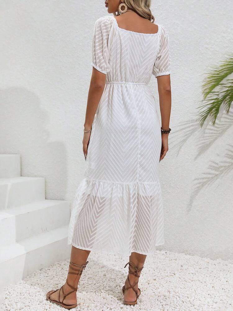 Women'S Puff Sleeve Jacquard Dress Without Belt